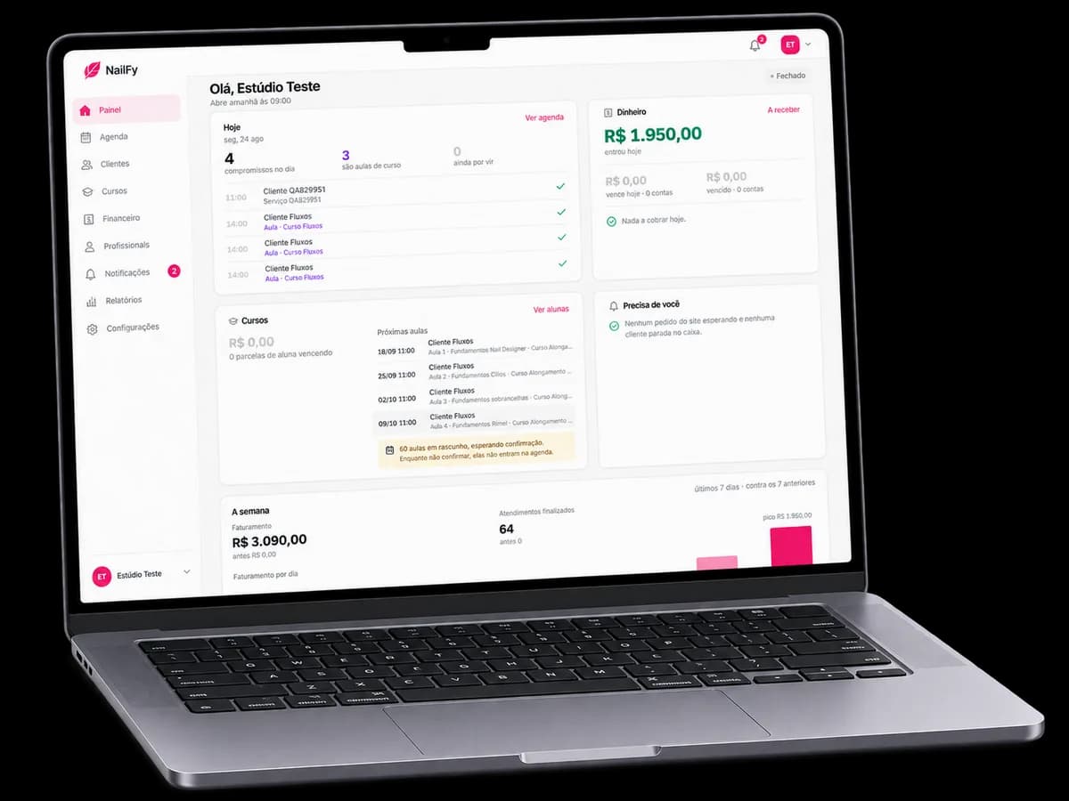 Tela real do sistema Nailfy mostrando compromissos e resumo financeiro