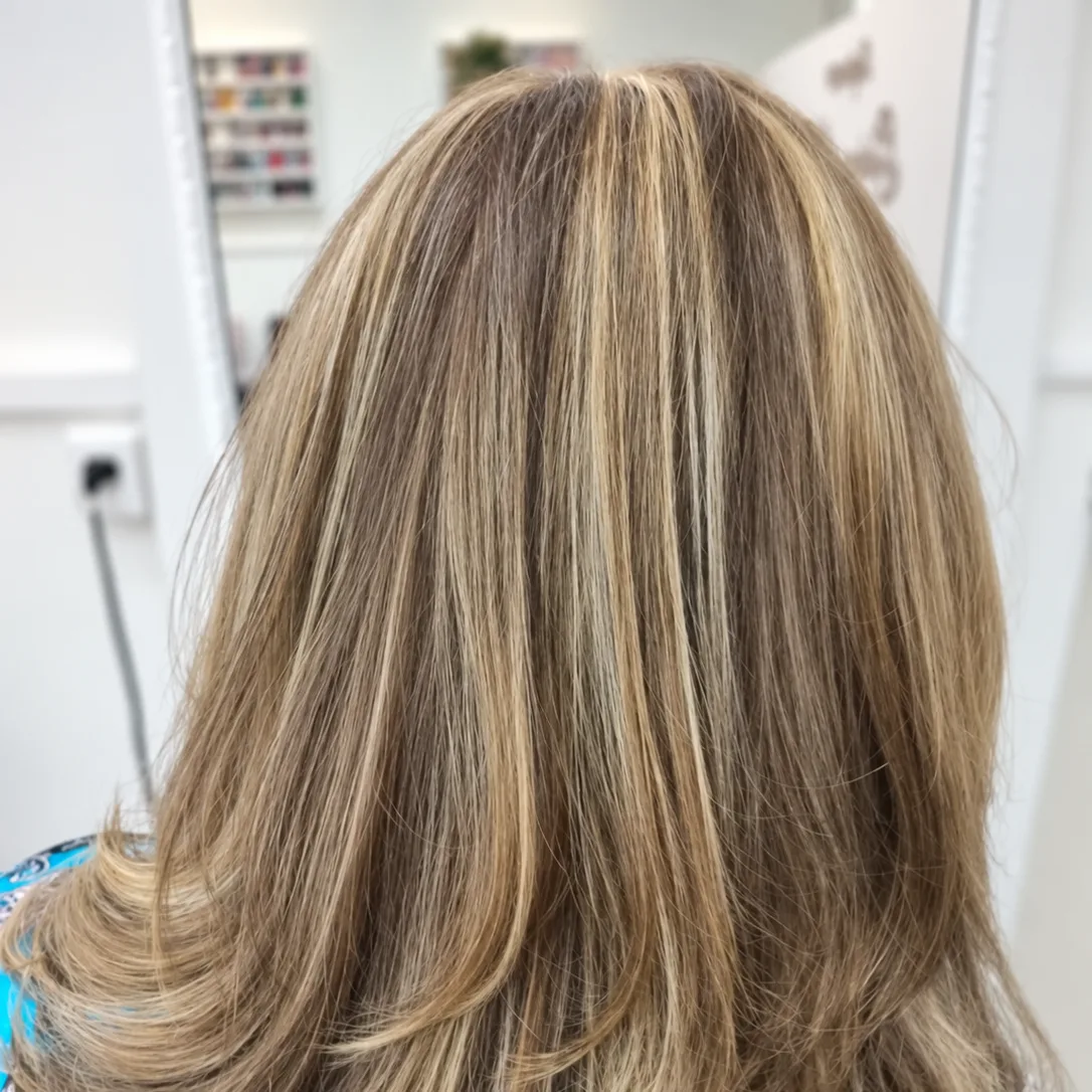 Mechas loiras em camadas sobre base castanha, vistas de costas