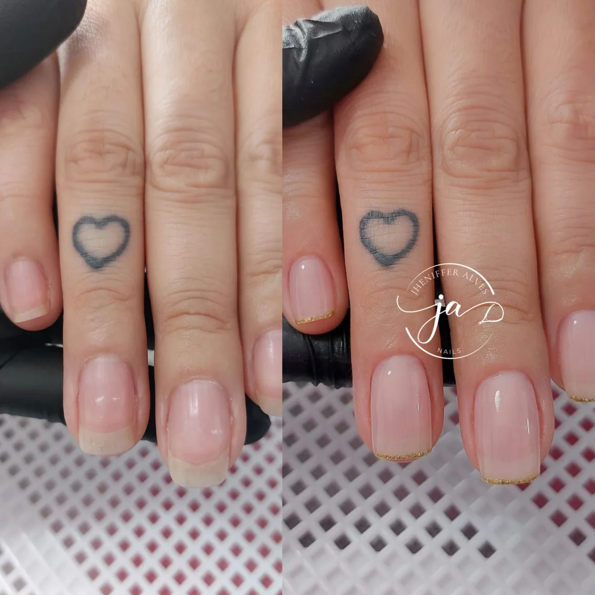 Unhas nude com coração desenhado